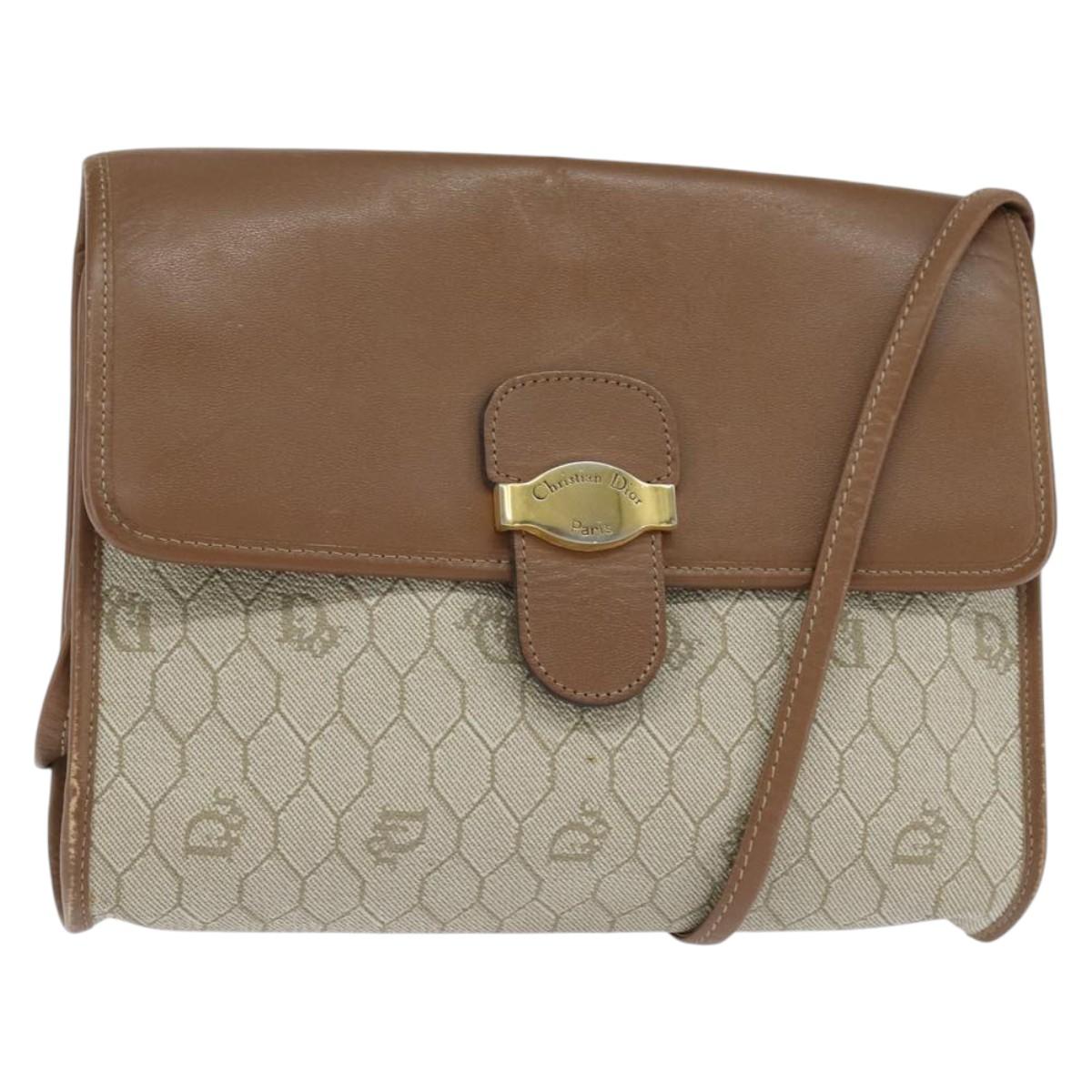 Christian Dior Honeycomb Canvas Shoulder Bag PVC Beige gold Auth 150369