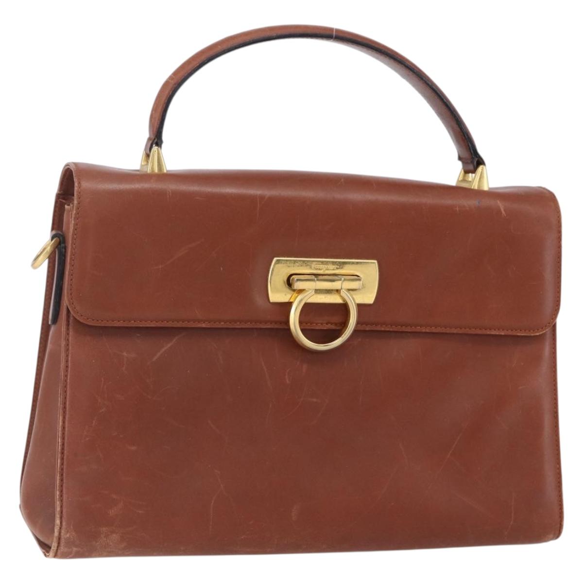 Salvatore Ferragamo Gancini Hand Bag Leather Brown Gold Auth 150384