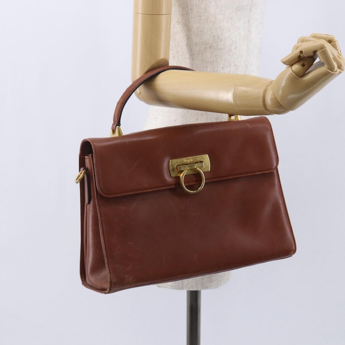 Salvatore Ferragamo Gancini Hand Bag Leather Brown Gold Auth 150384