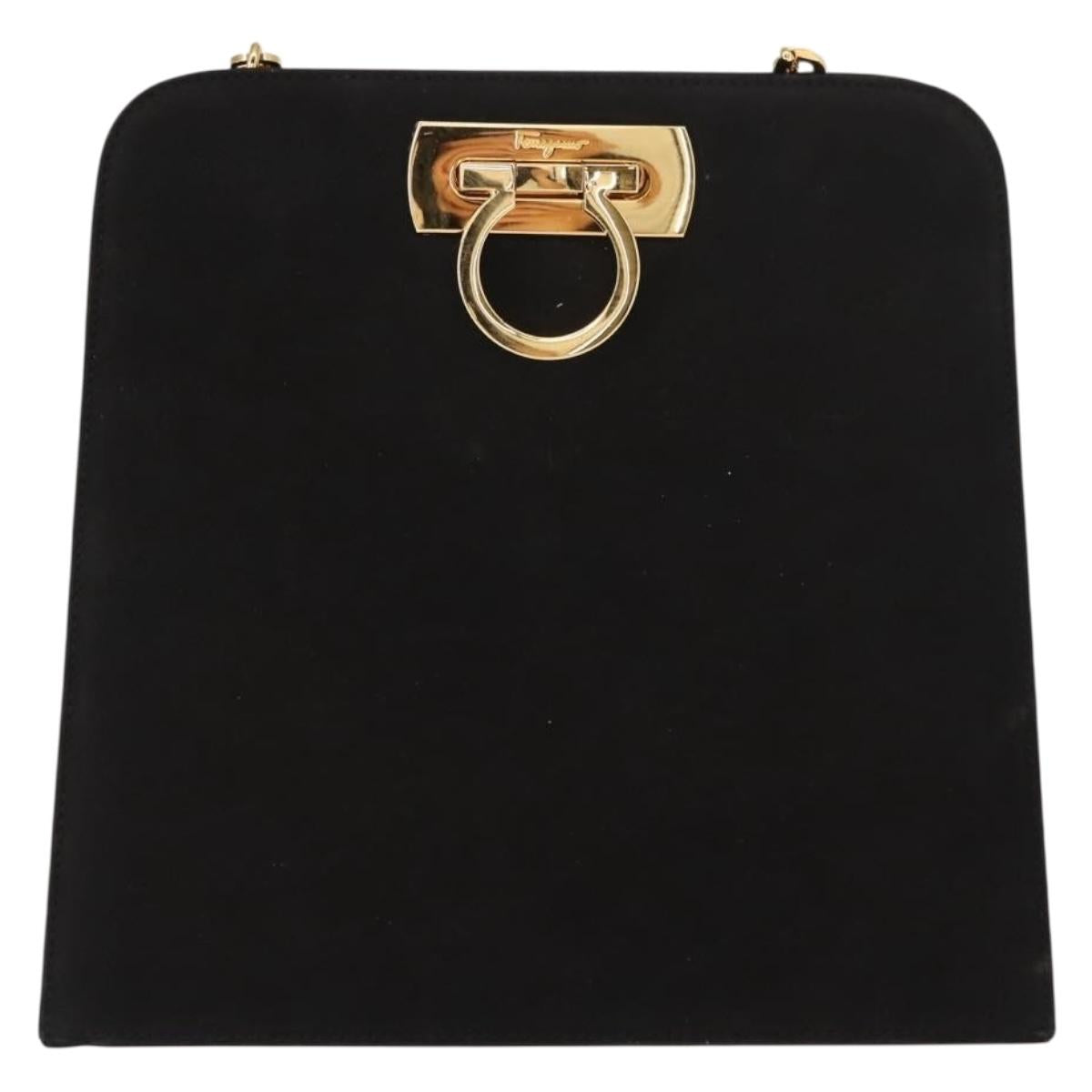 Salvatore Ferragamo Chain Gancini Shoulder Bag Suede Black Gold Auth 150385