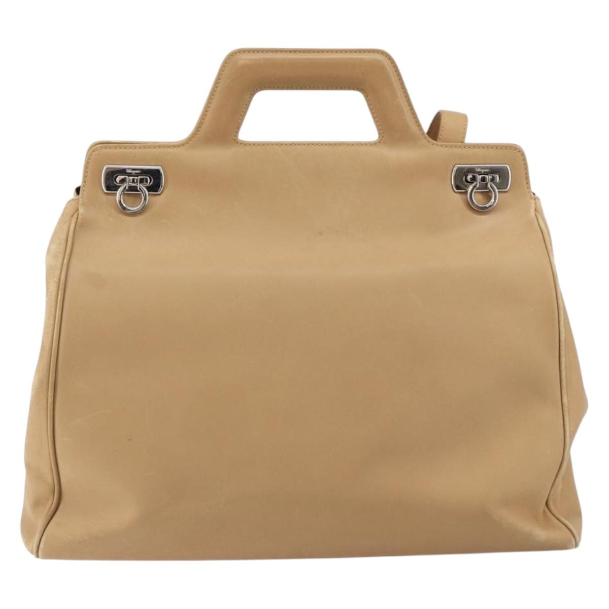 Salvatore Ferragamo Gancini Hand Bag Leather 2way Beige Silver Auth 150400