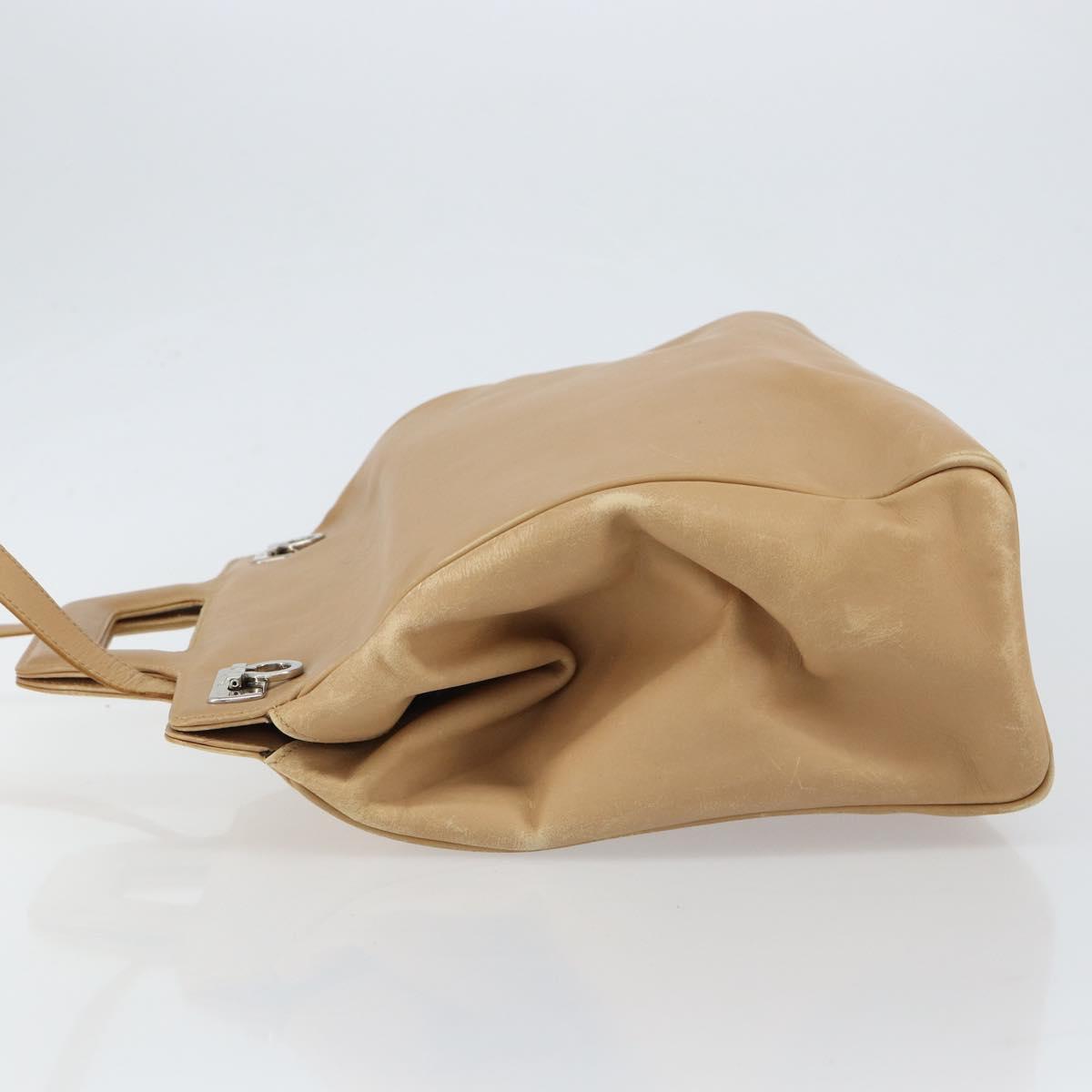 Salvatore Ferragamo Gancini Hand Bag Leather 2way Beige Silver Auth 150400