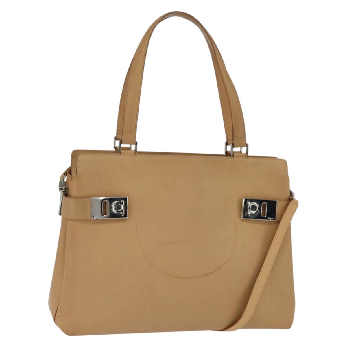 Salvatore Ferragamo Gancini Tote Bag Leather 2way Beige Gold Auth 150401