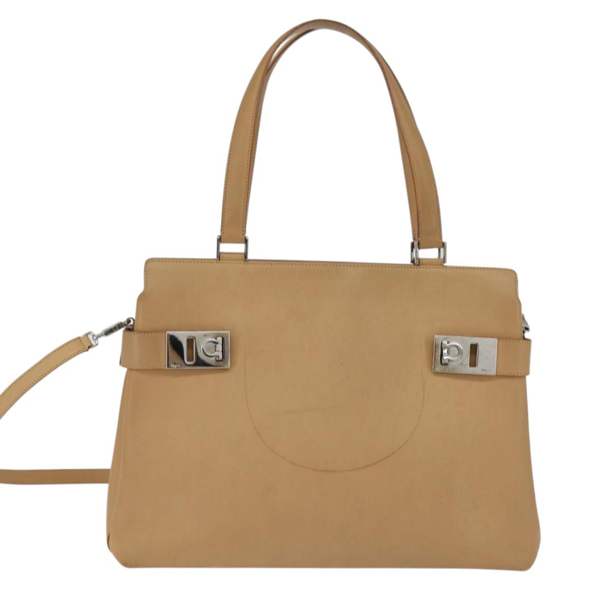 Salvatore Ferragamo Gancini Tote Bag Leather 2way Beige Gold Auth 150401