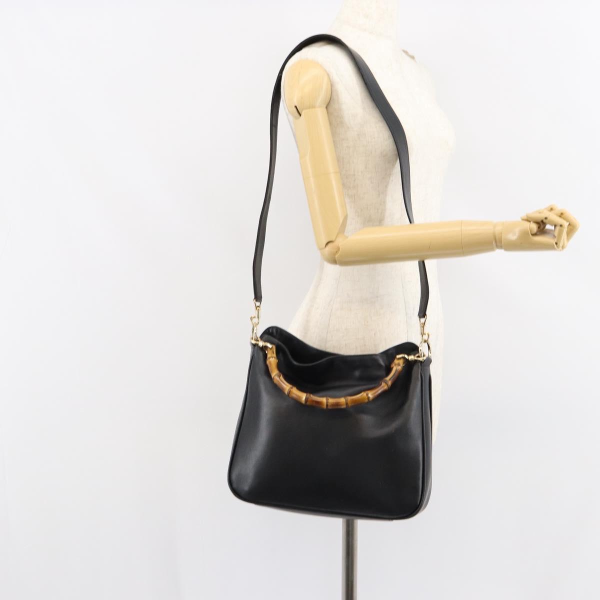 GUCCI Bamboo Shoulder Bag Leather Black Gold 001 3166 Auth 150409