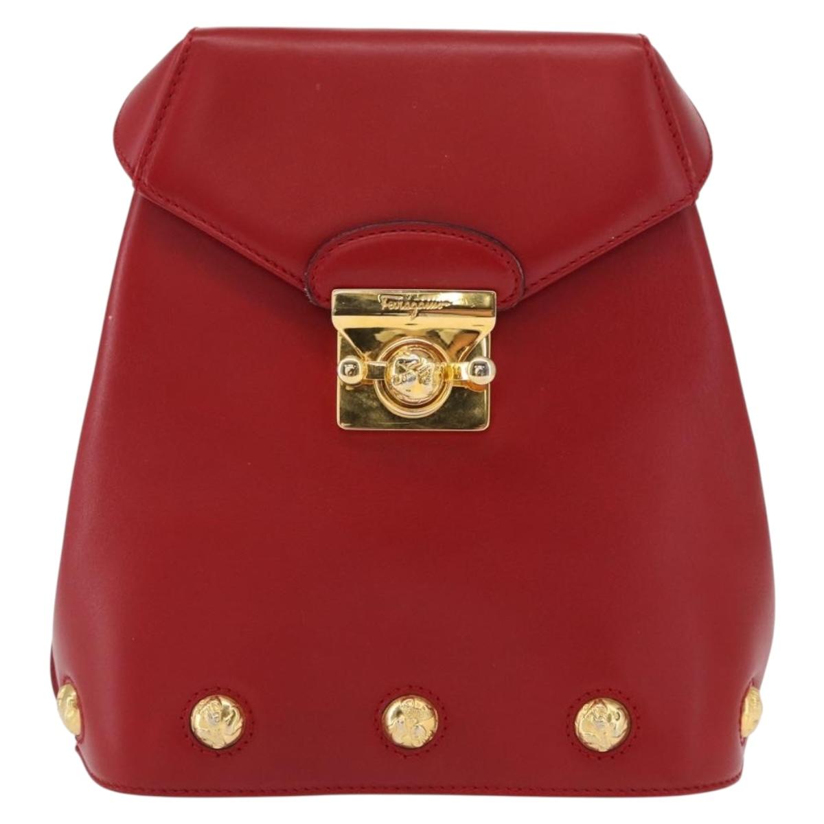Salvatore Ferragamo Backpack Leather Red Gold Auth 150428