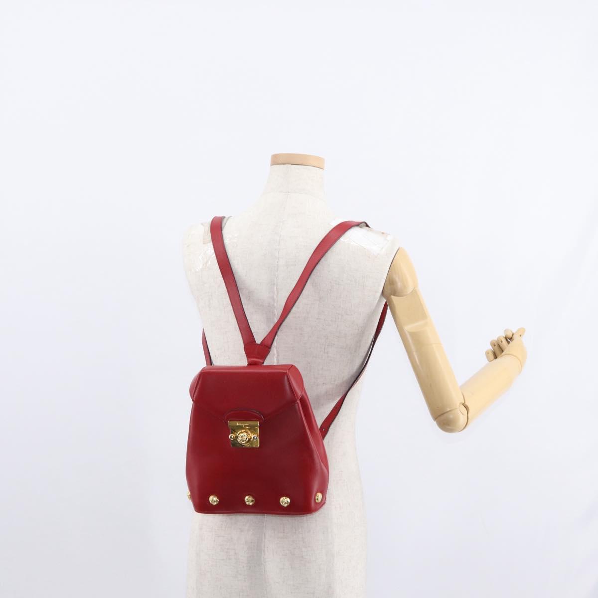 Salvatore Ferragamo Backpack Leather Red Gold Auth 150428