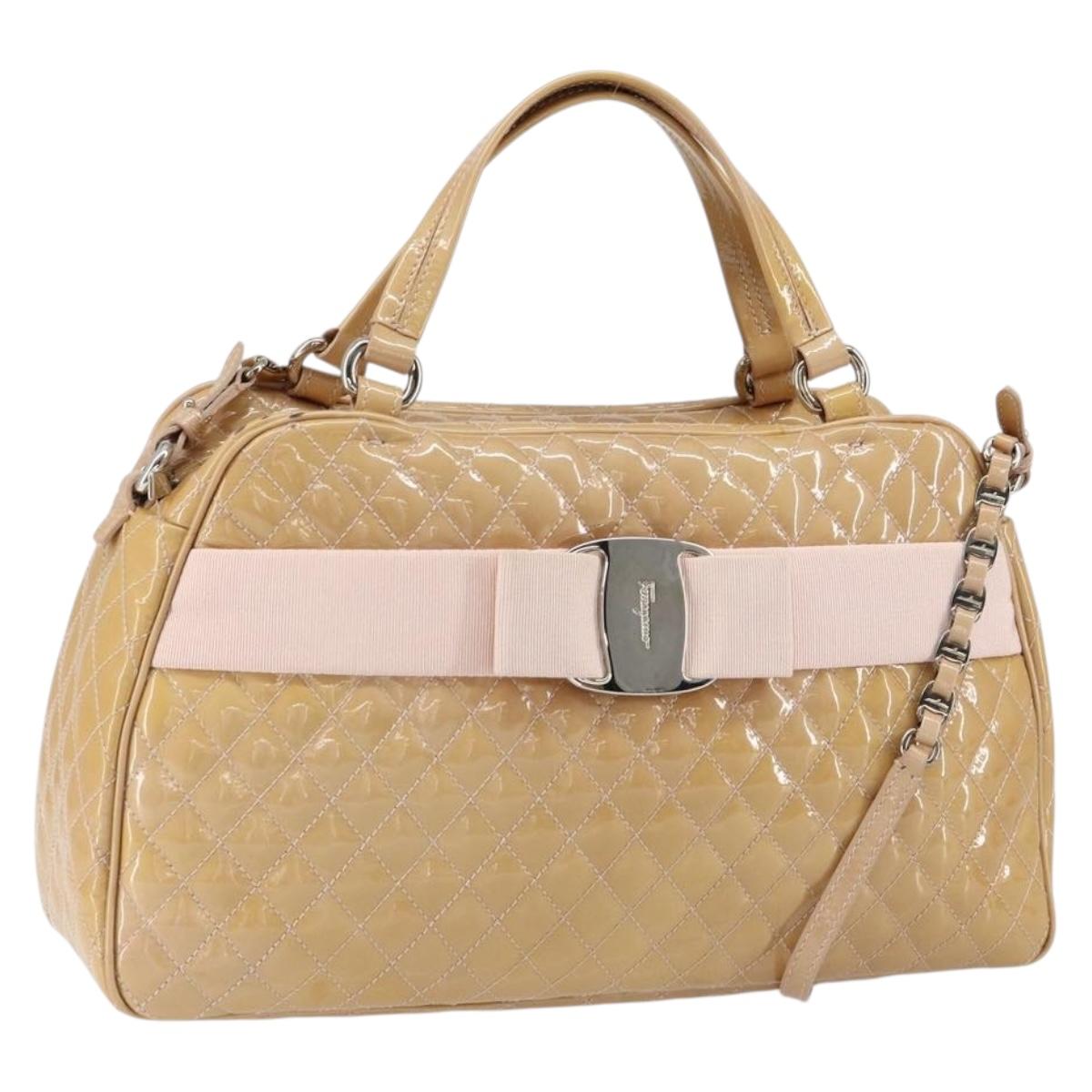 Salvatore Ferragamo Vala Hand Bag Enamel 2way Beige Silver Auth 150429