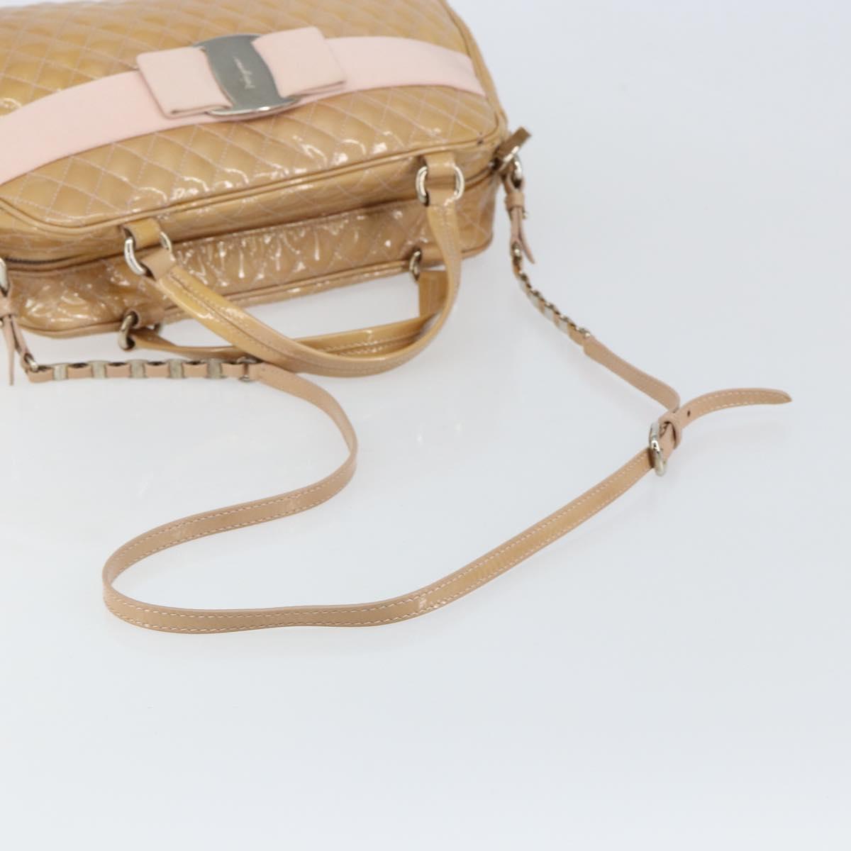 Salvatore Ferragamo Vala Hand Bag Enamel 2way Beige Silver Auth 150429