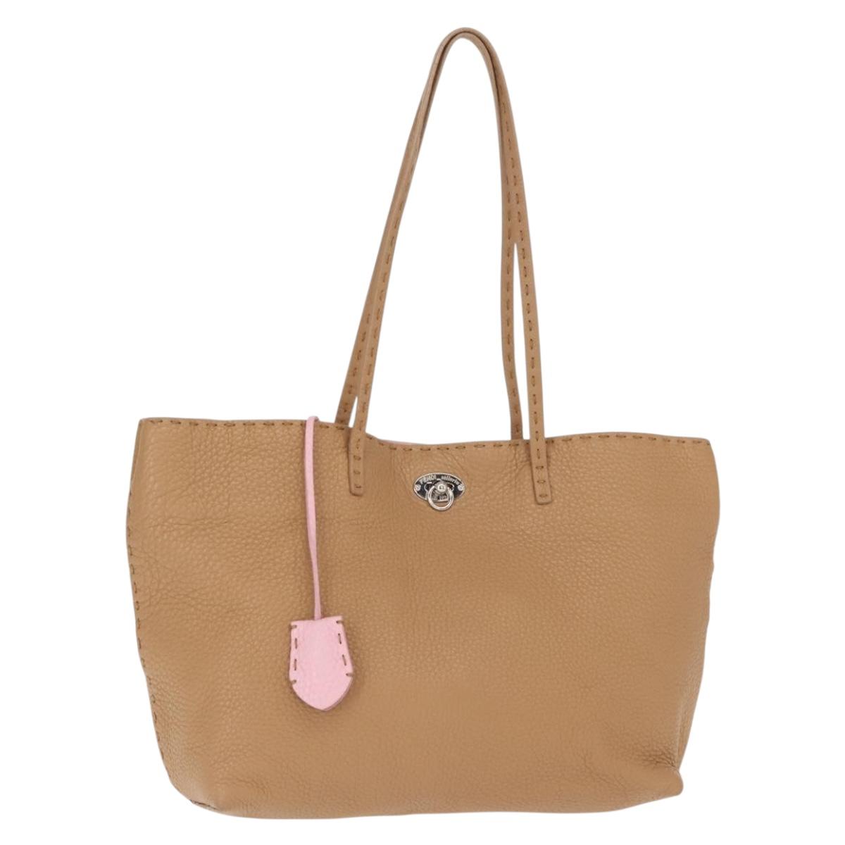 FENDI Celeria Tote Bag Leather Beige Silver Auth 150443