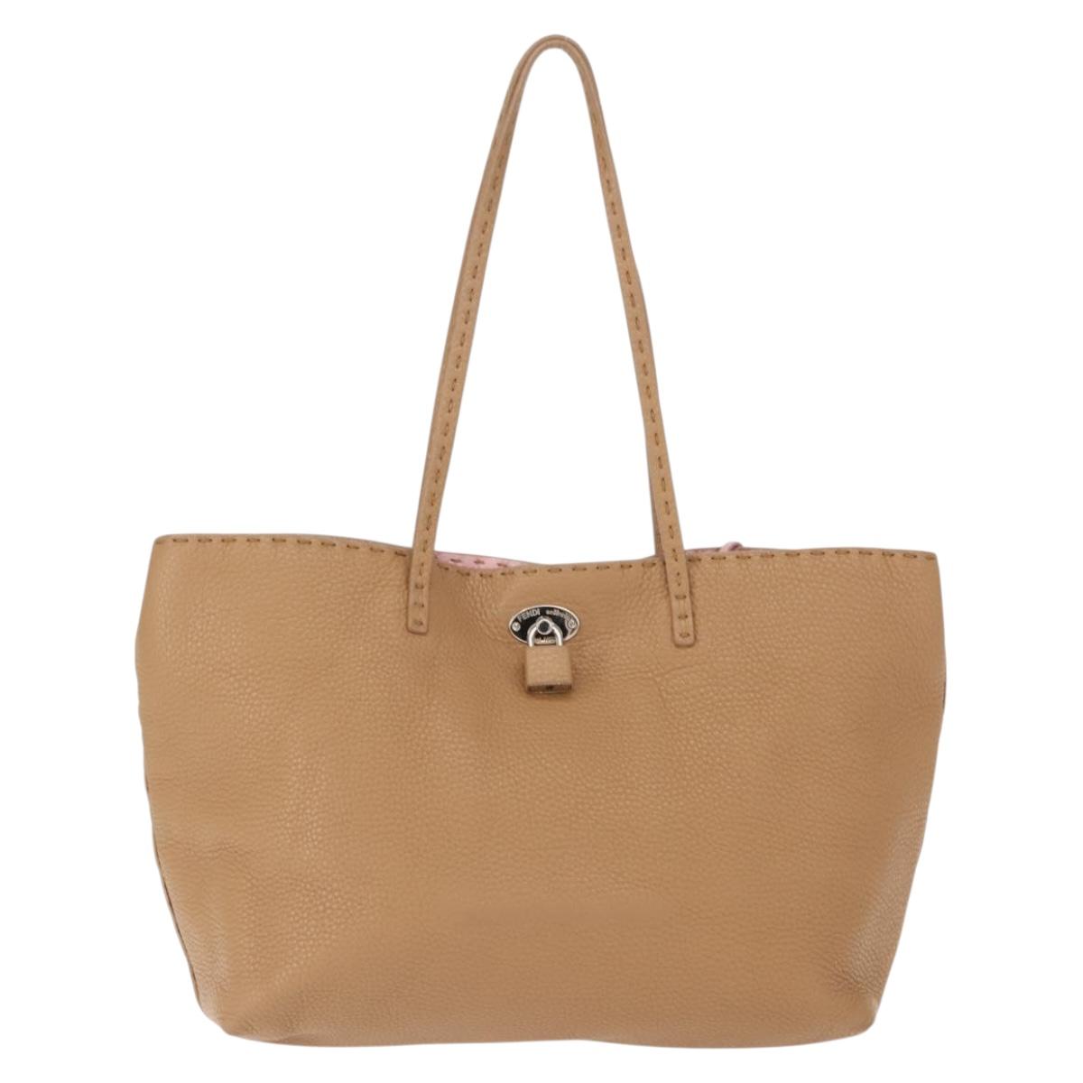 FENDI Celeria Tote Bag Leather Beige Silver Auth 150443
