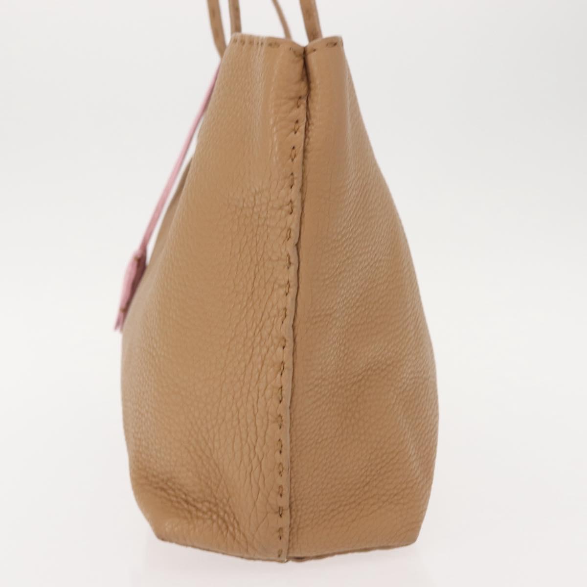 FENDI Celeria Tote Bag Leather Beige Silver Auth 150443