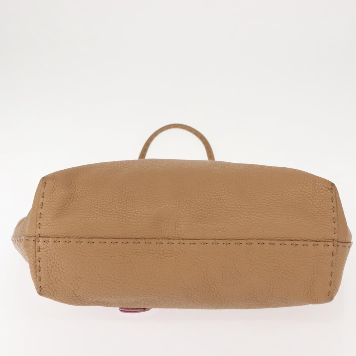 FENDI Celeria Tote Bag Leather Beige Silver Auth 150443