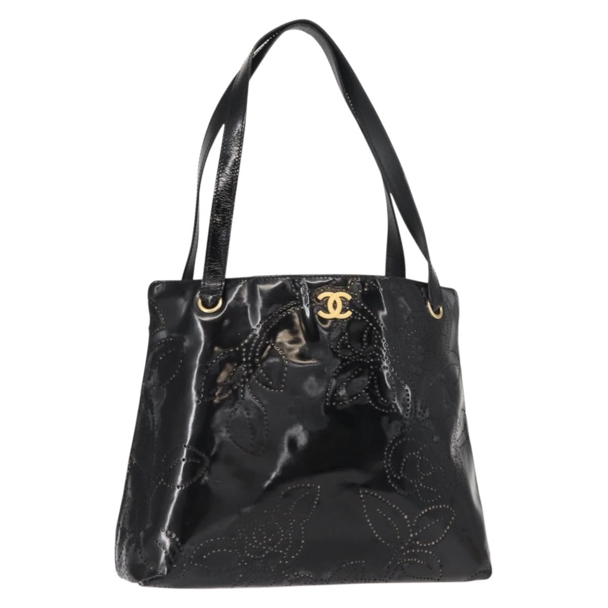 CHANEL Tote Bag Patent leather Black Gold CC Auth 150456