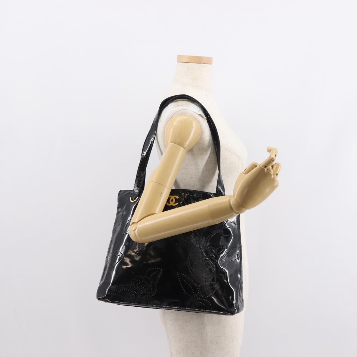 CHANEL Tote Bag Patent leather Black Gold CC Auth 150456