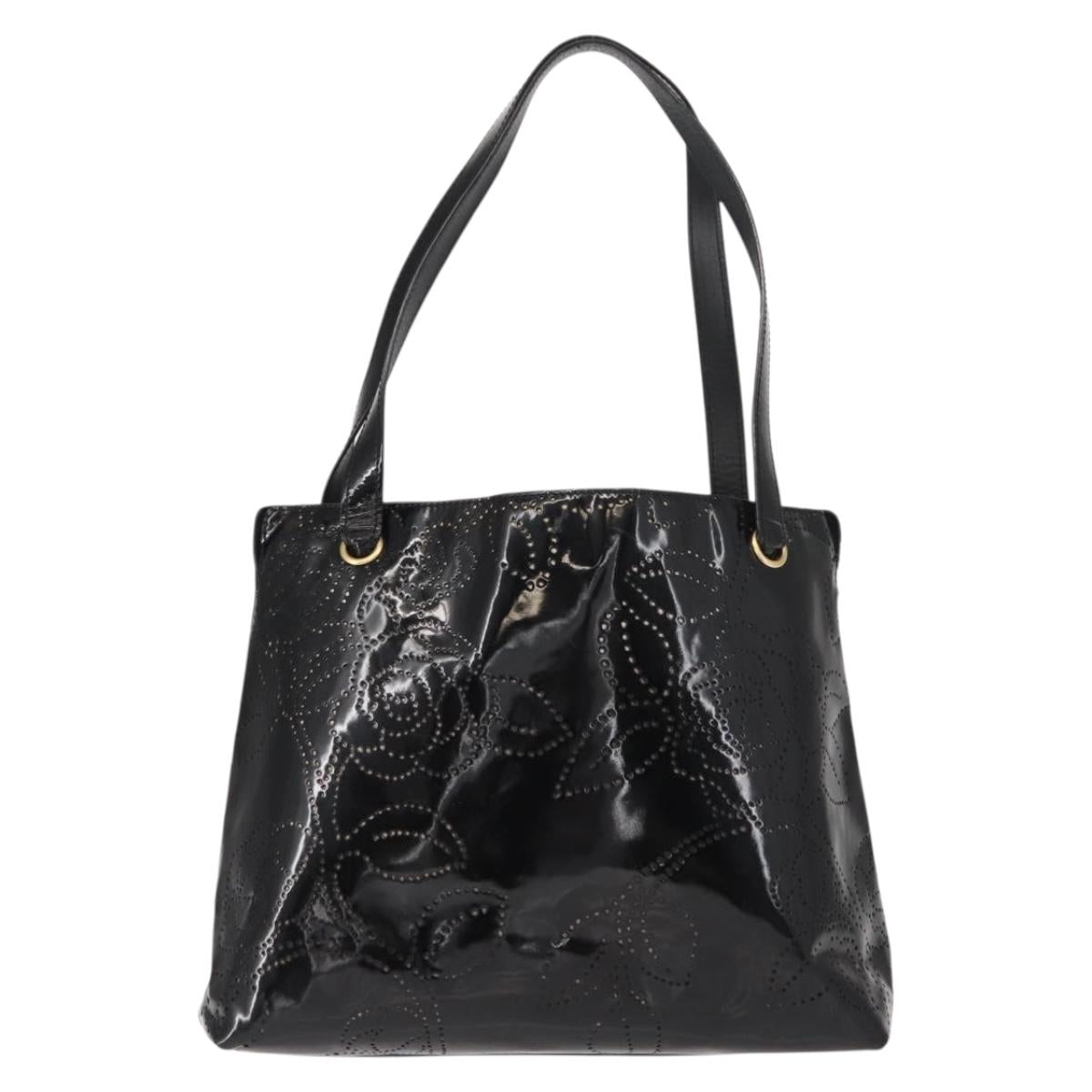 CHANEL Tote Bag Patent leather Black Gold CC Auth 150456