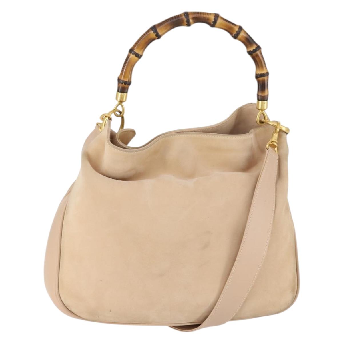 GUCCI Bamboo Hand Bag Leather 2way Beige Gold 001 1014 1638 Auth 150479