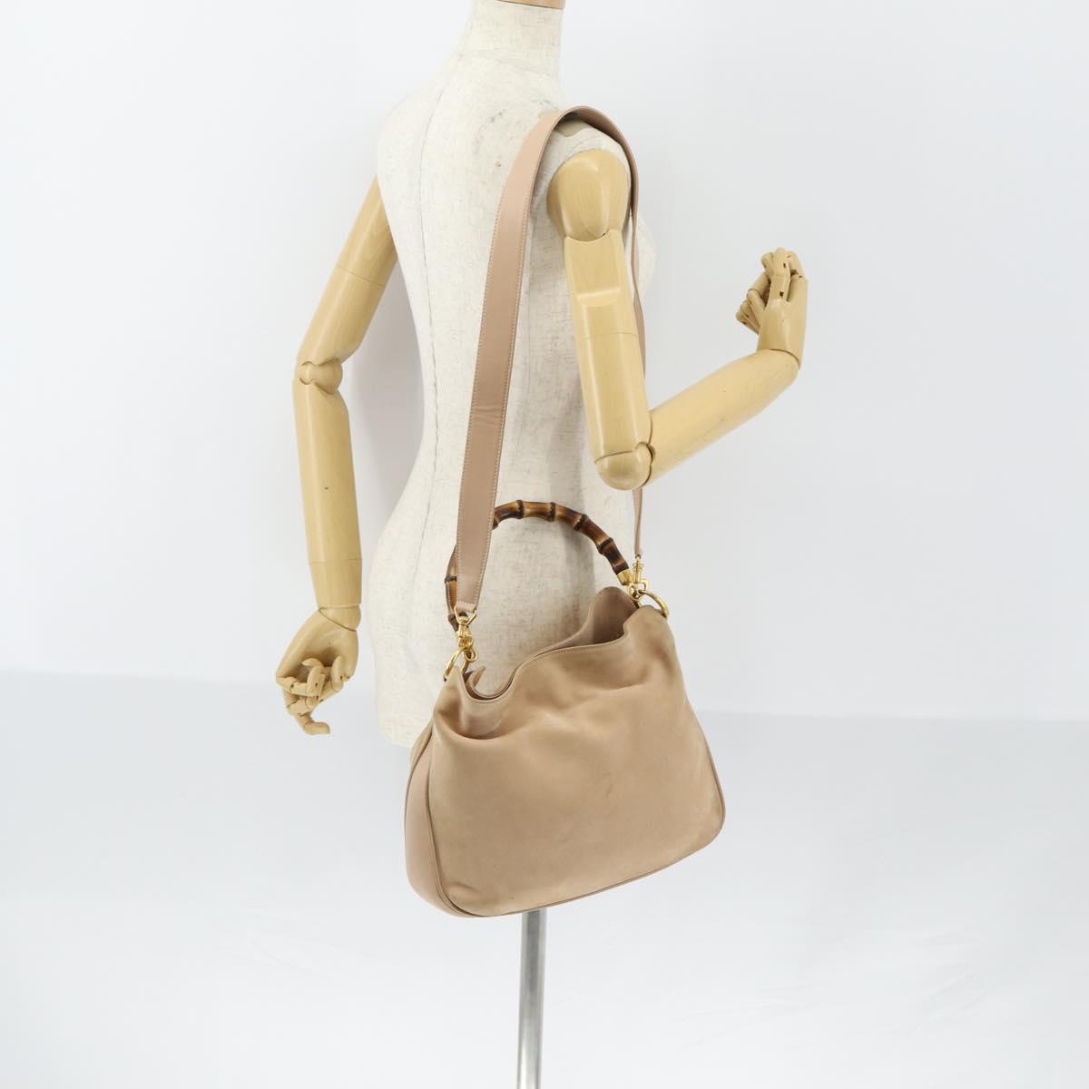 GUCCI Bamboo Hand Bag Leather 2way Beige Gold 001 1014 1638 Auth 150479