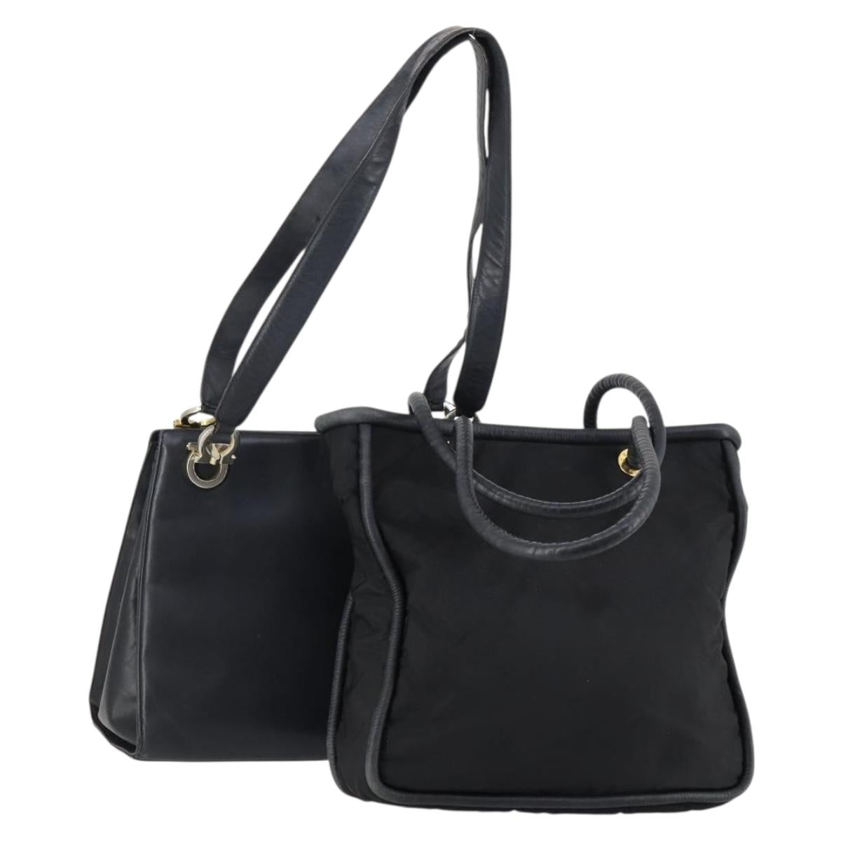 Salvatore Ferragamo Celine Hand Bag Nylon Leather 2 Set Black Auth 150480
