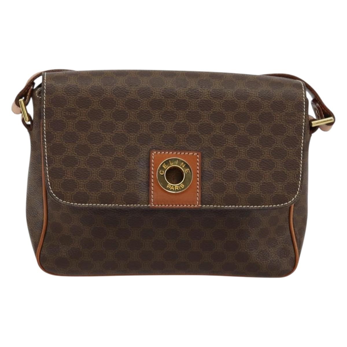 CELINE Macadam Canvas Circle Shoulder Bag PVC Leather Brown Gold Auth 150513