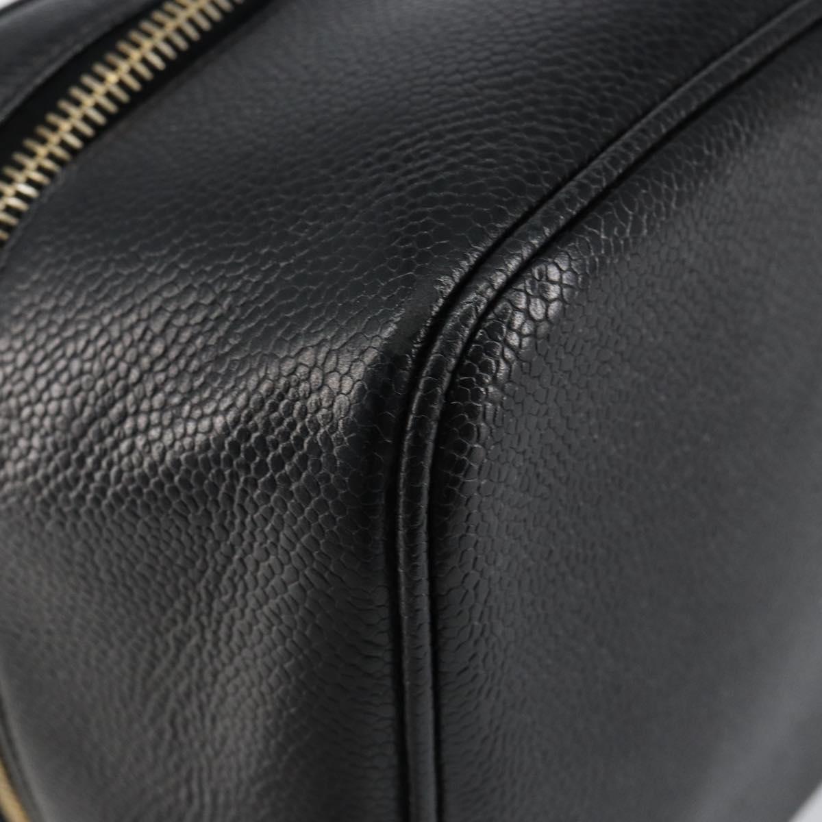 CHANEL Vanity Hand Bag Caviar Skin Black Gold CC Auth 150535