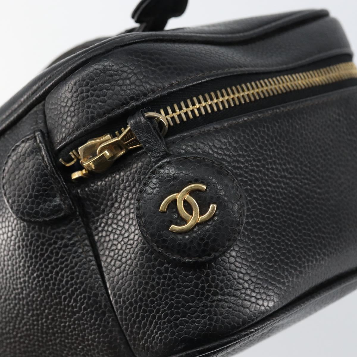 CHANEL Vanity Hand Bag Caviar Skin Black Gold CC Auth 150535