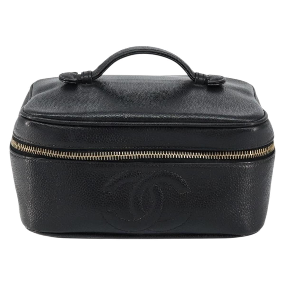 CHANEL Vanity Hand Bag Caviar Skin Black Gold CC Auth 150535