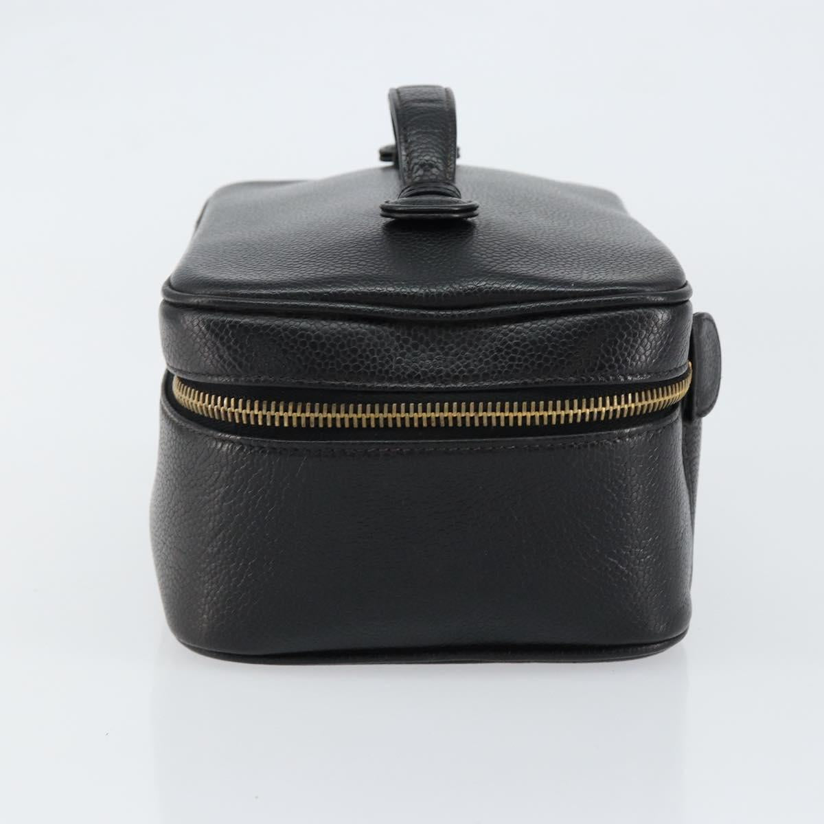 CHANEL Vanity Hand Bag Caviar Skin Black Gold CC Auth 150535