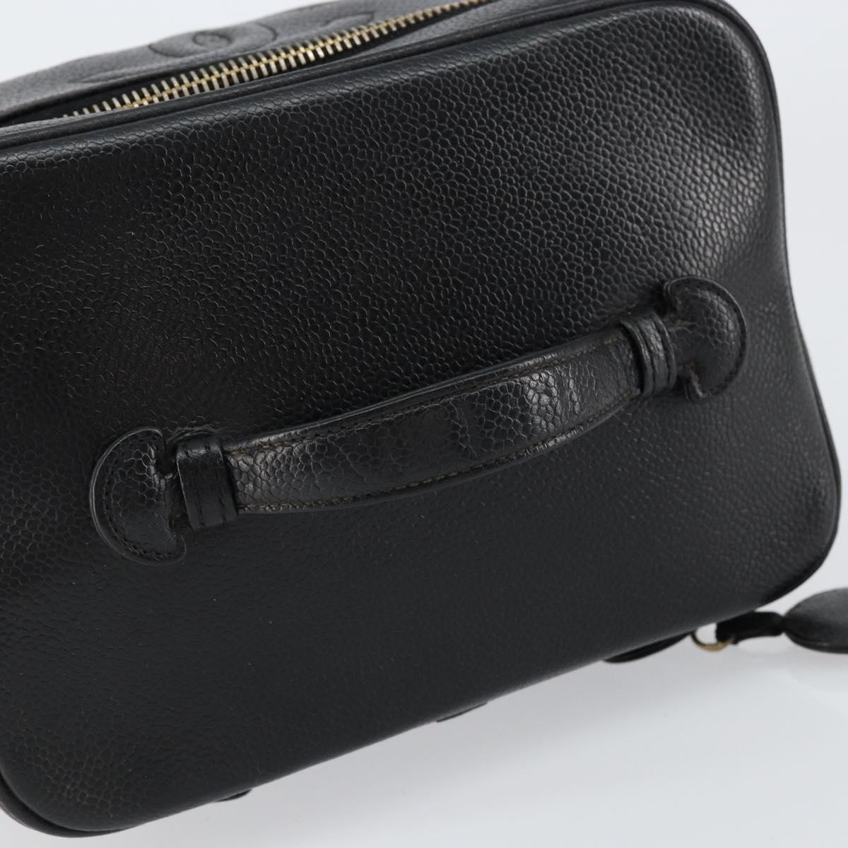 CHANEL Vanity Hand Bag Caviar Skin Black Gold CC Auth 150535