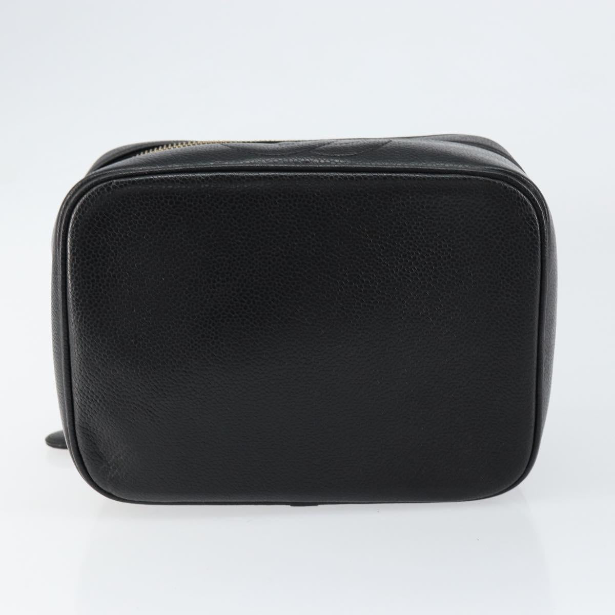 CHANEL Vanity Hand Bag Caviar Skin Black Gold CC Auth 150535