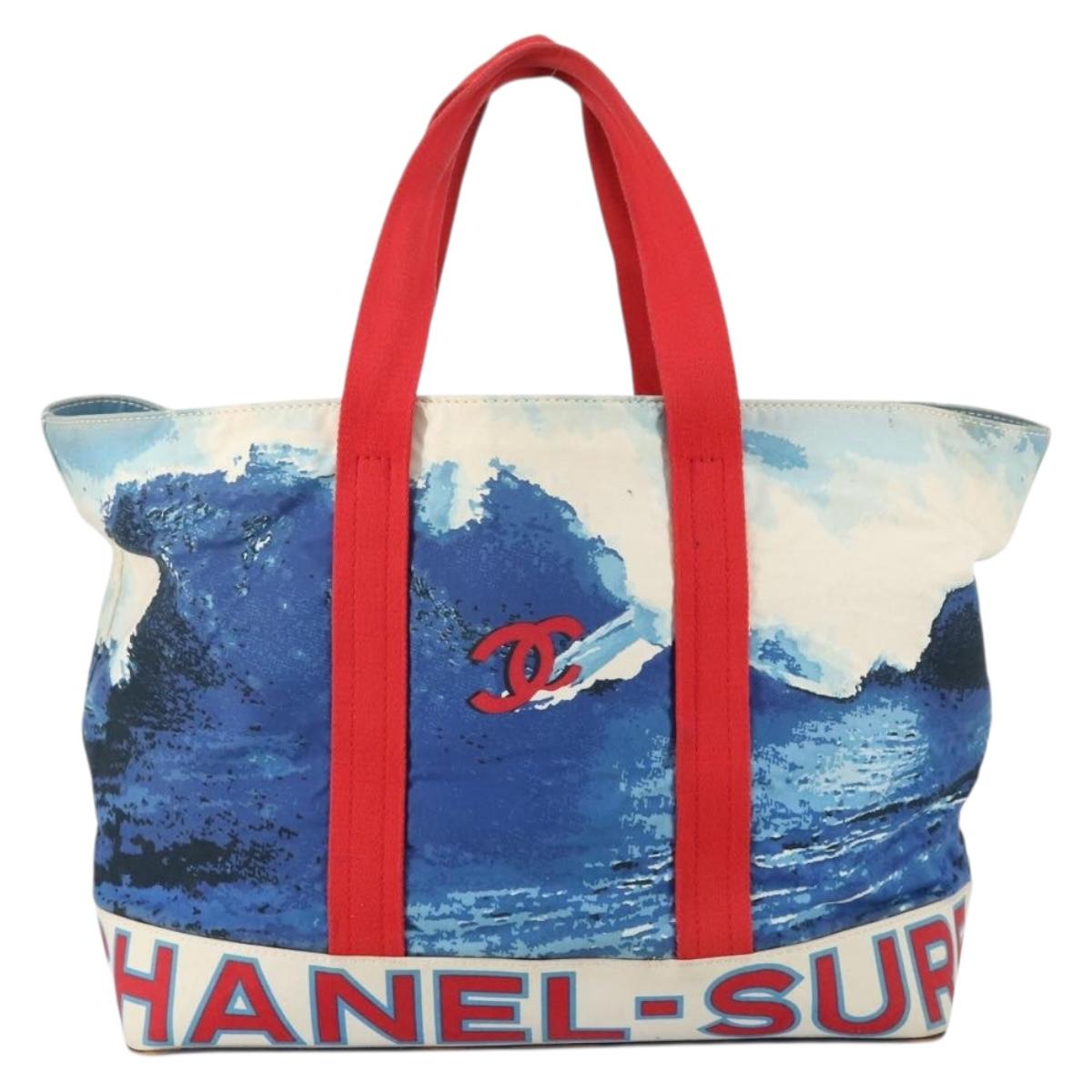 CHANEL Surfline Tote Bag Canvas Blue White CC Auth 150551