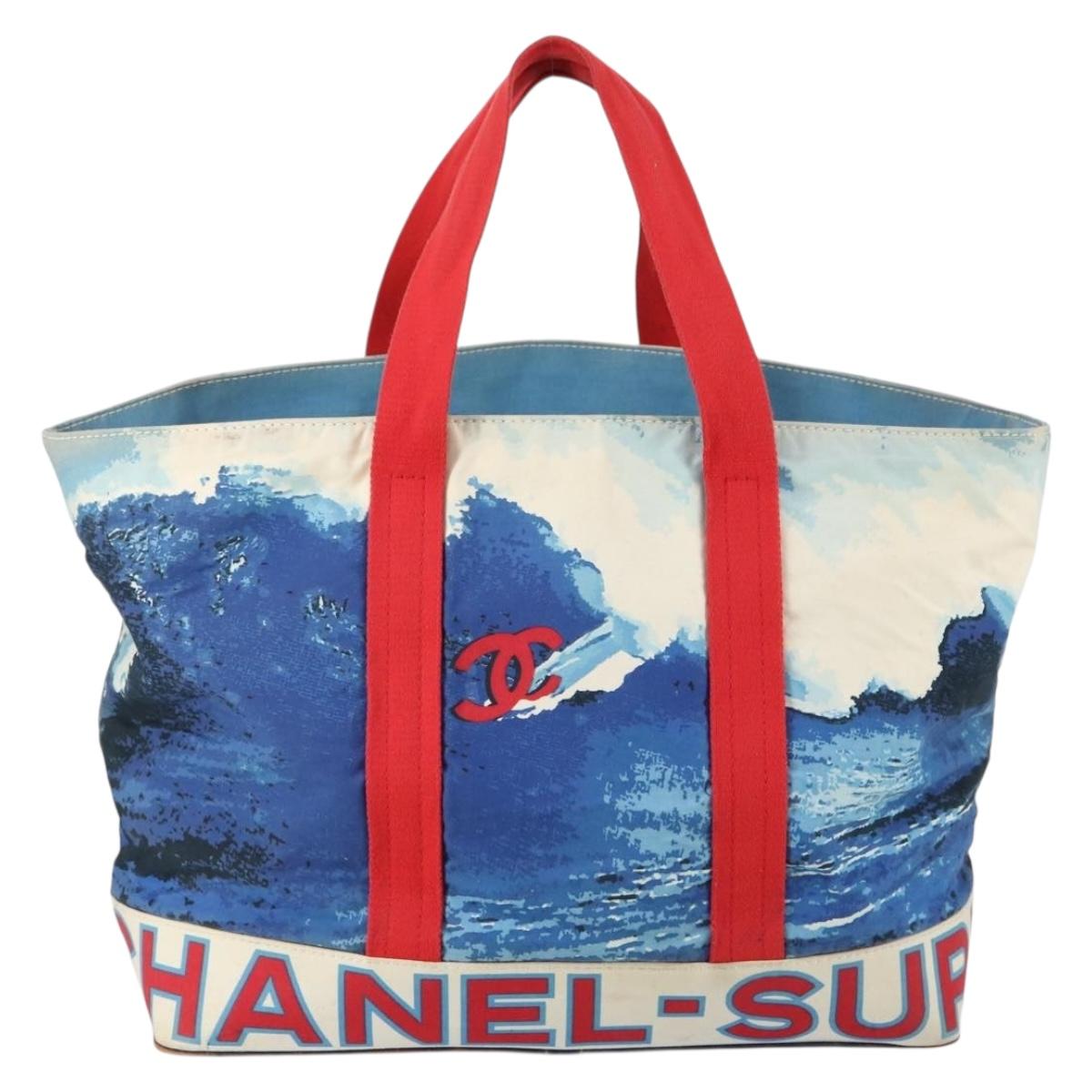 CHANEL Surfline Tote Bag Canvas Blue White CC Auth 150551