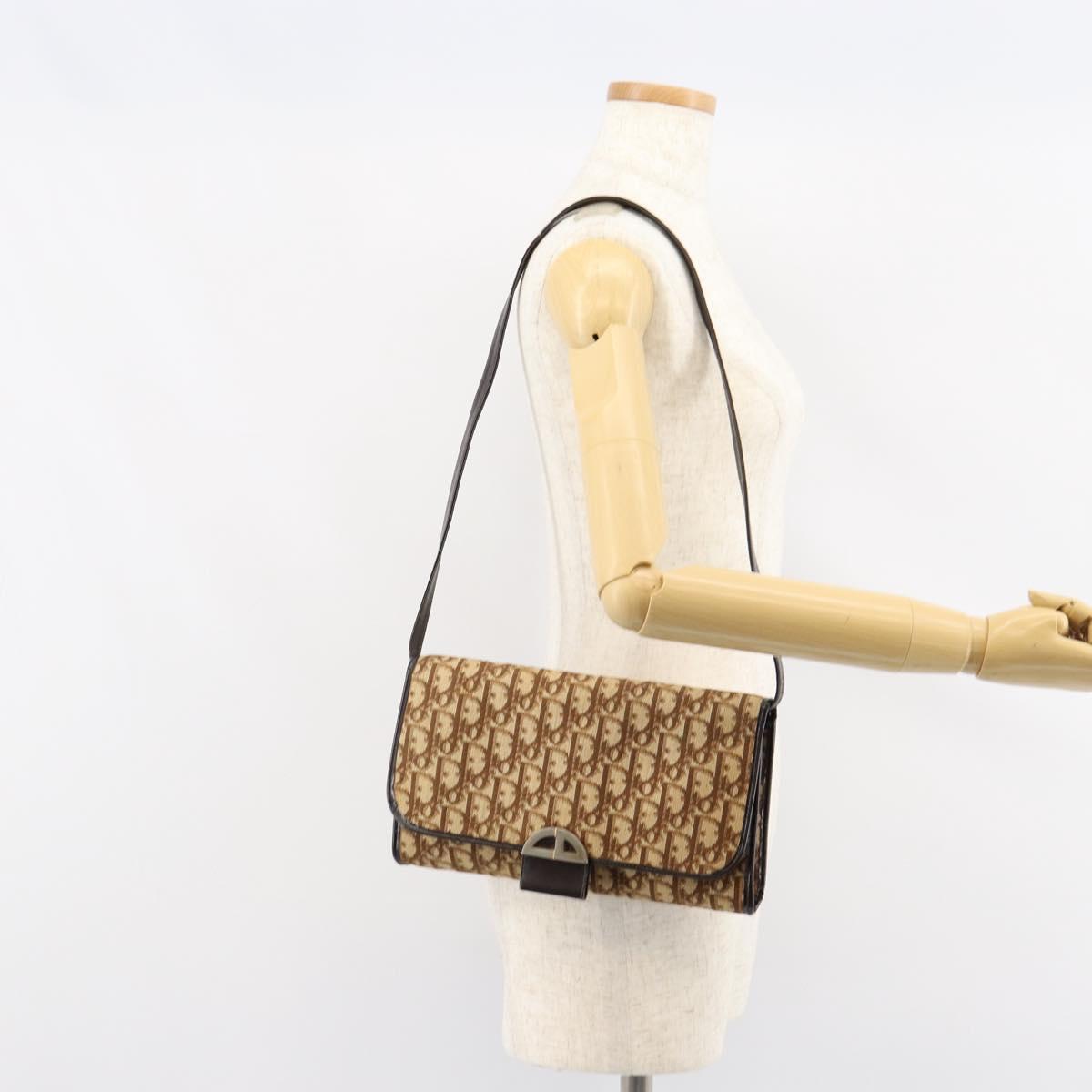 Christian Dior Trotter Canvas Shoulder Bag Beige Gold Auth 150566