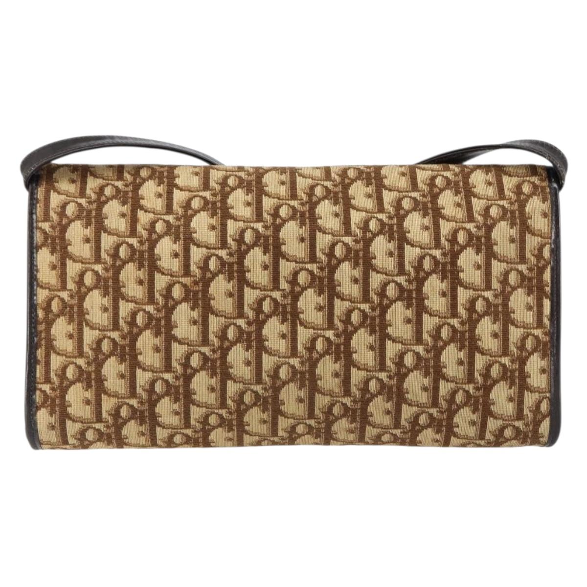 Christian Dior Trotter Canvas Shoulder Bag Beige Gold Auth 150566