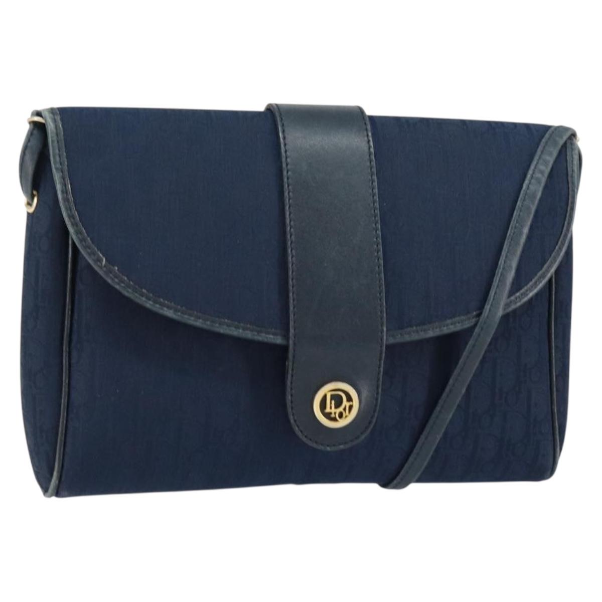 Christian Dior Trotter Canvas Shoulder Bag Navy Gold Auth 150571