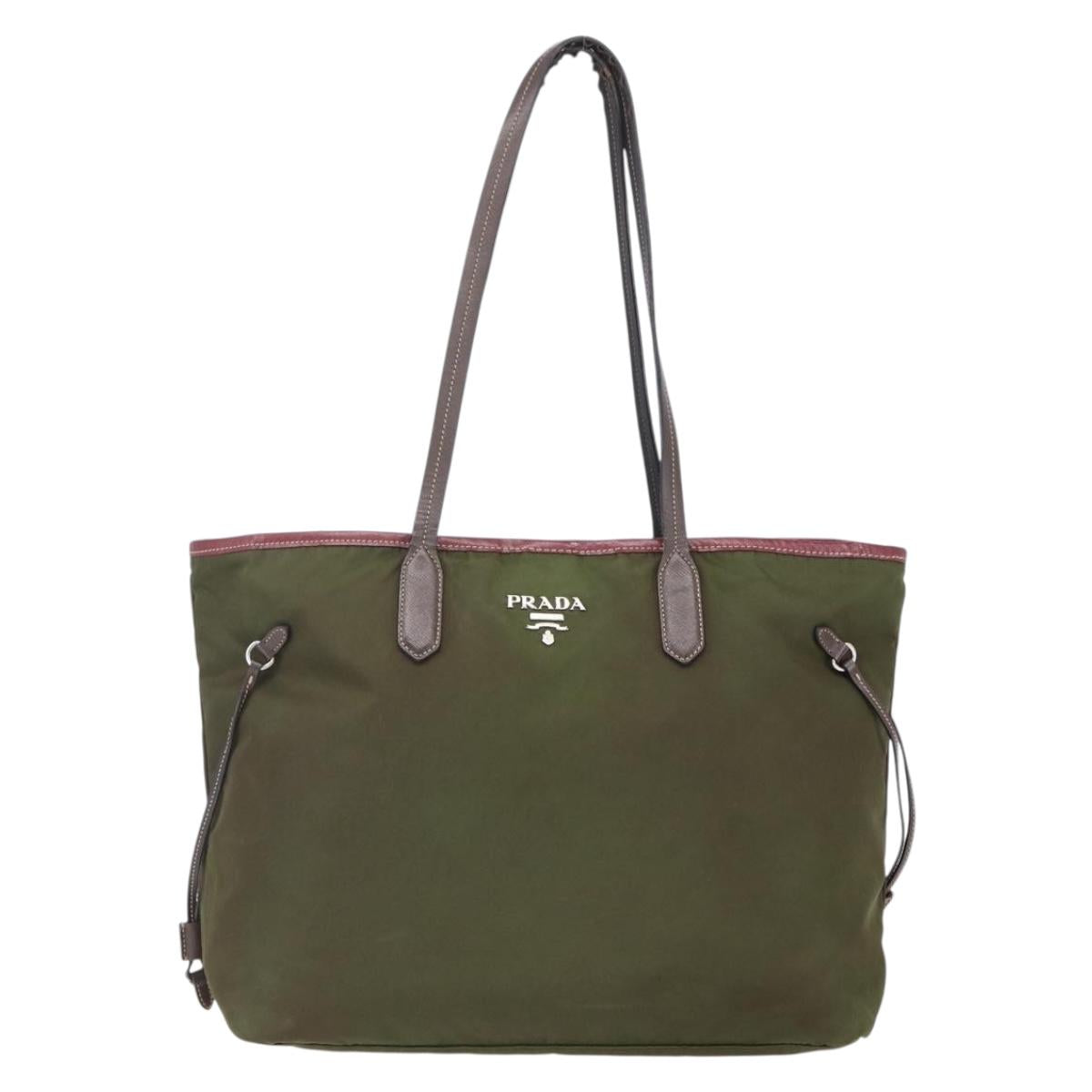 PRADA Tote Bag Nylon Khaki Silver Auth 150572
