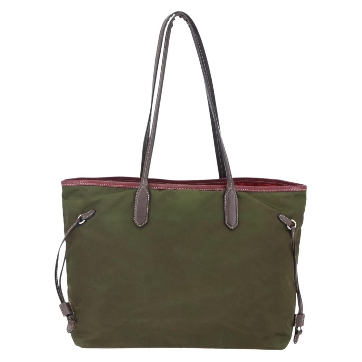 PRADA Tote Bag Nylon Khaki Silver Auth 150572