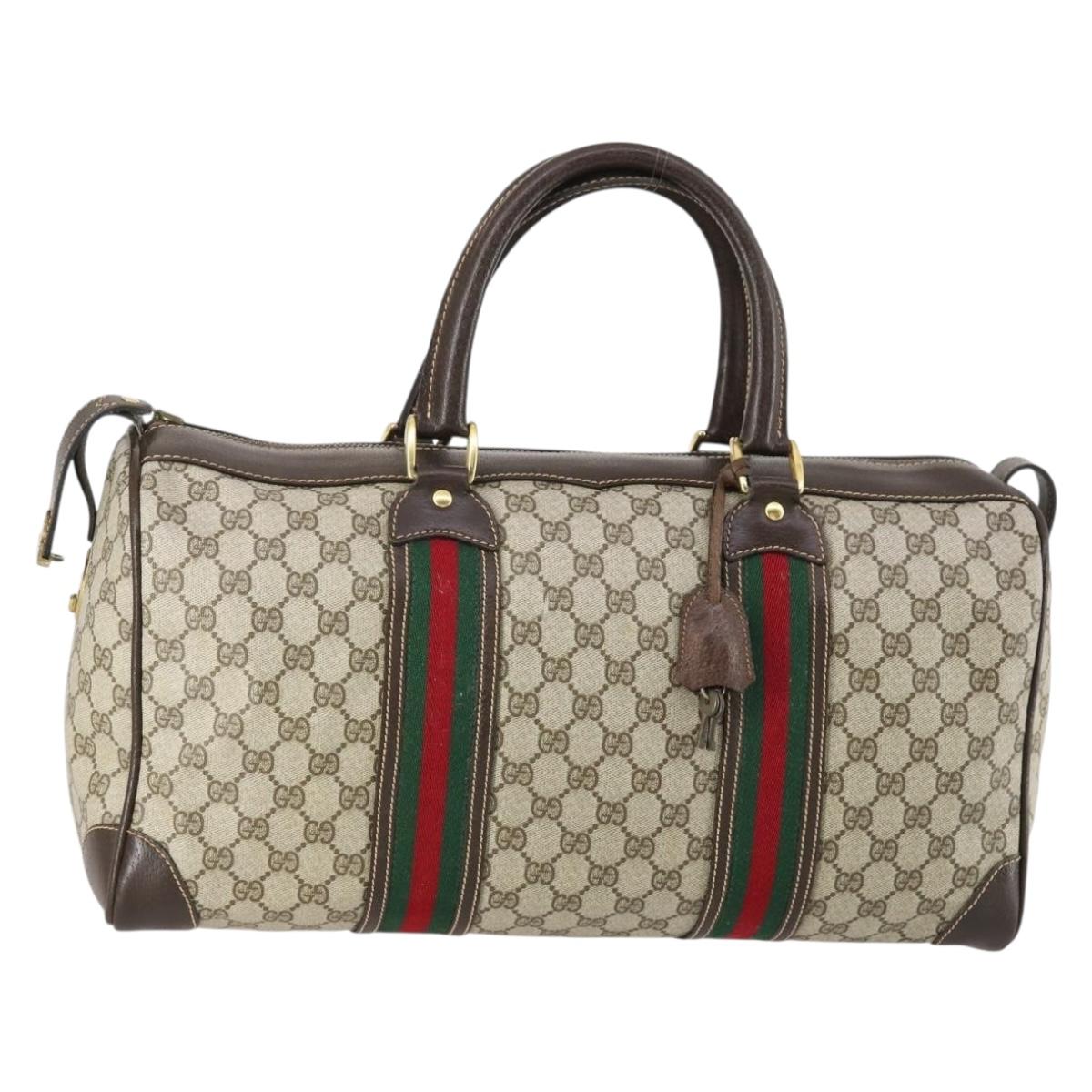 GUCCI GG Supreme Web Sherry Line Boston Bag PVC Beige Gold Auth 150574
