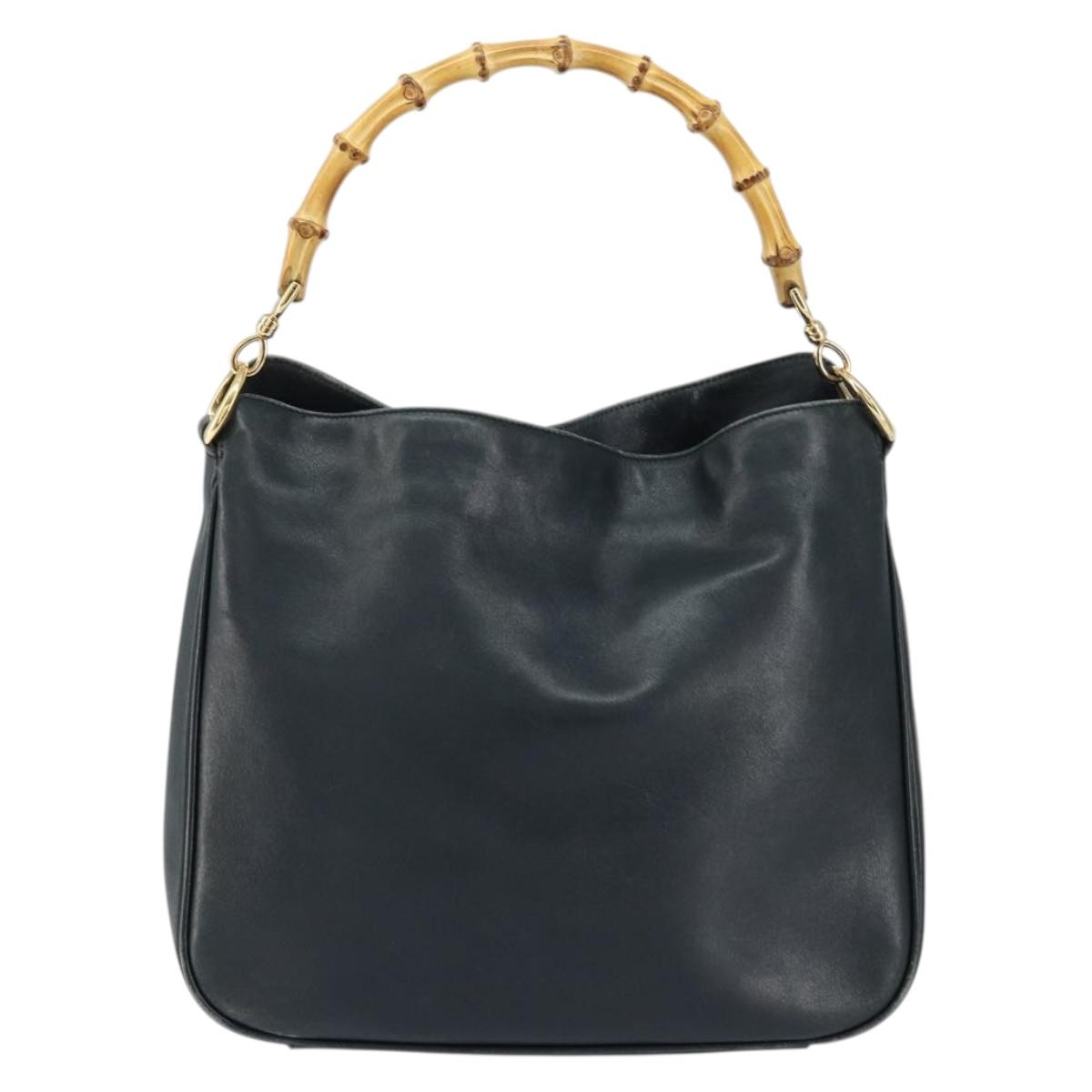 GUCCI Bamboo Hand Bag Leather Black Gold 001 3444 1638 Auth 150577