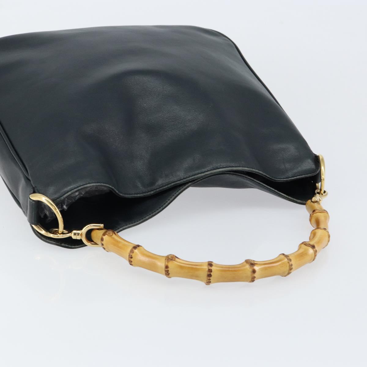 GUCCI Bamboo Hand Bag Leather Black Gold 001 3444 1638 Auth 150577