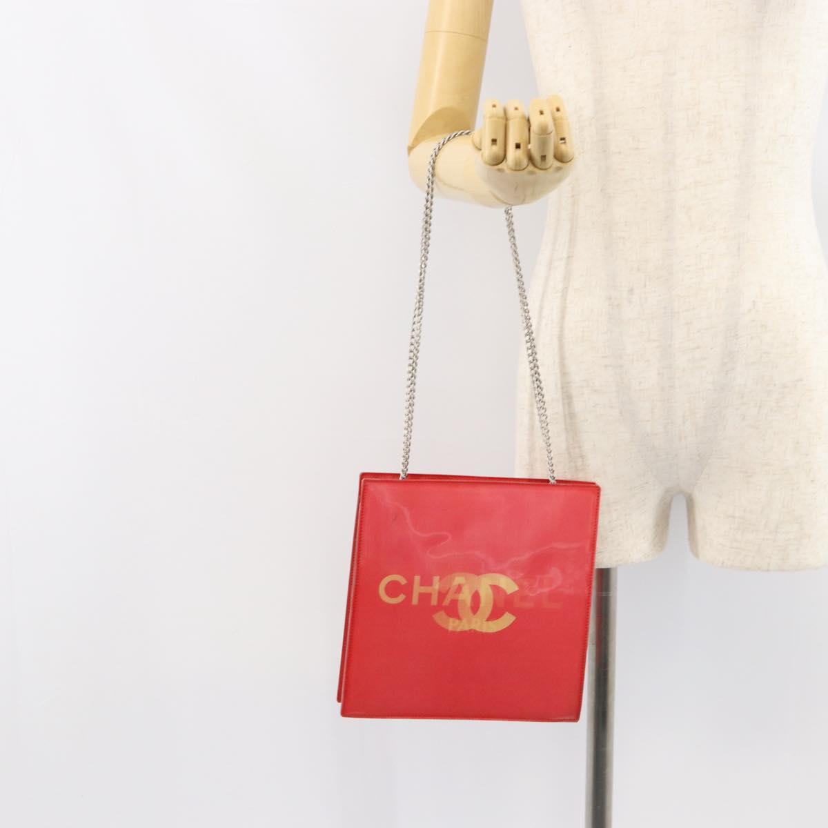 CHANEL Chain Shoulder Bag Vinyl Red Silver CC Auth 150609