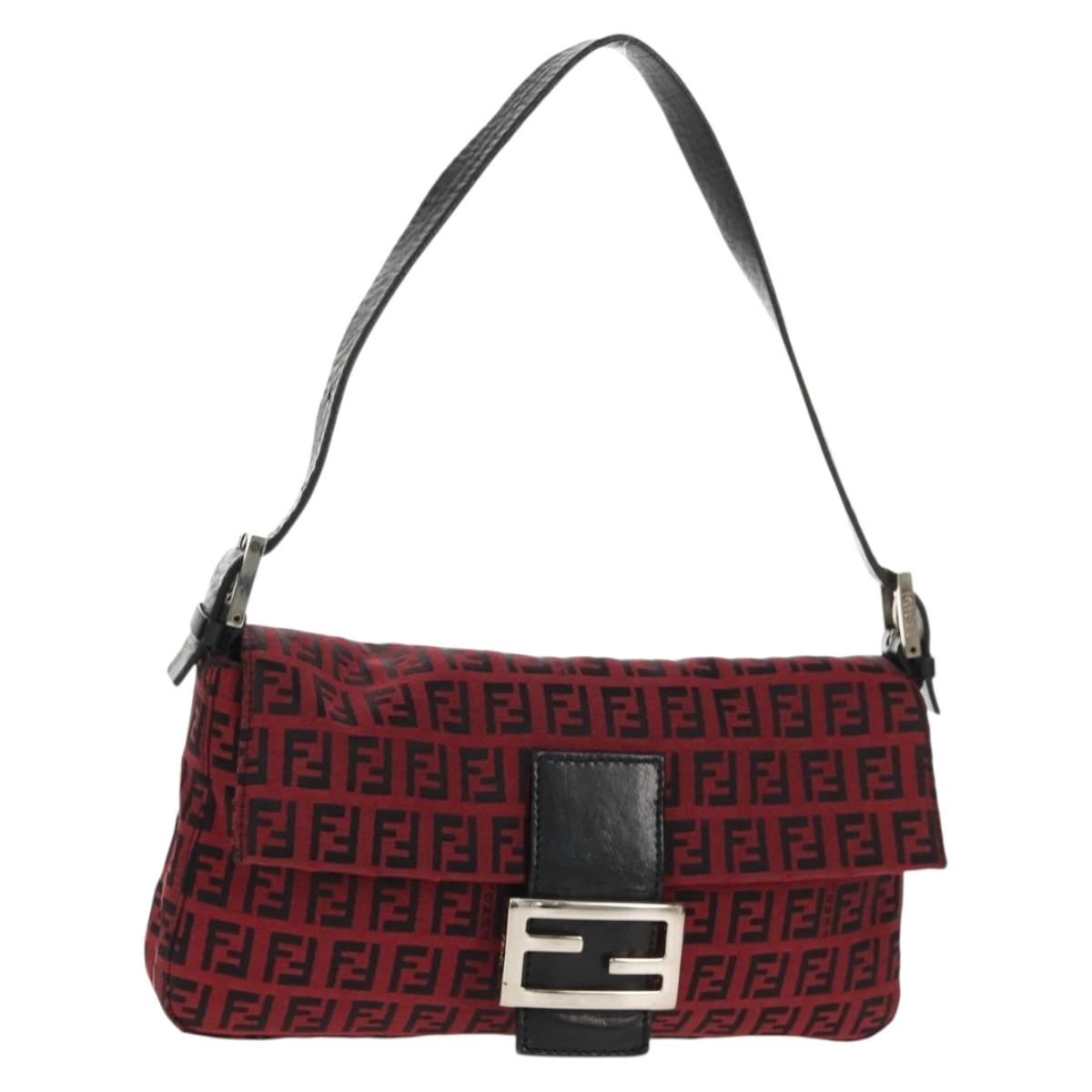 FENDI Zucchino Canvas Mamma Baguette Shoulder Bag Red Silver Auth 150613V