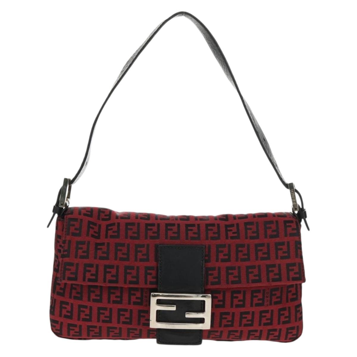 FENDI Zucchino Canvas Mamma Baguette Shoulder Bag Red Silver Auth 150613V