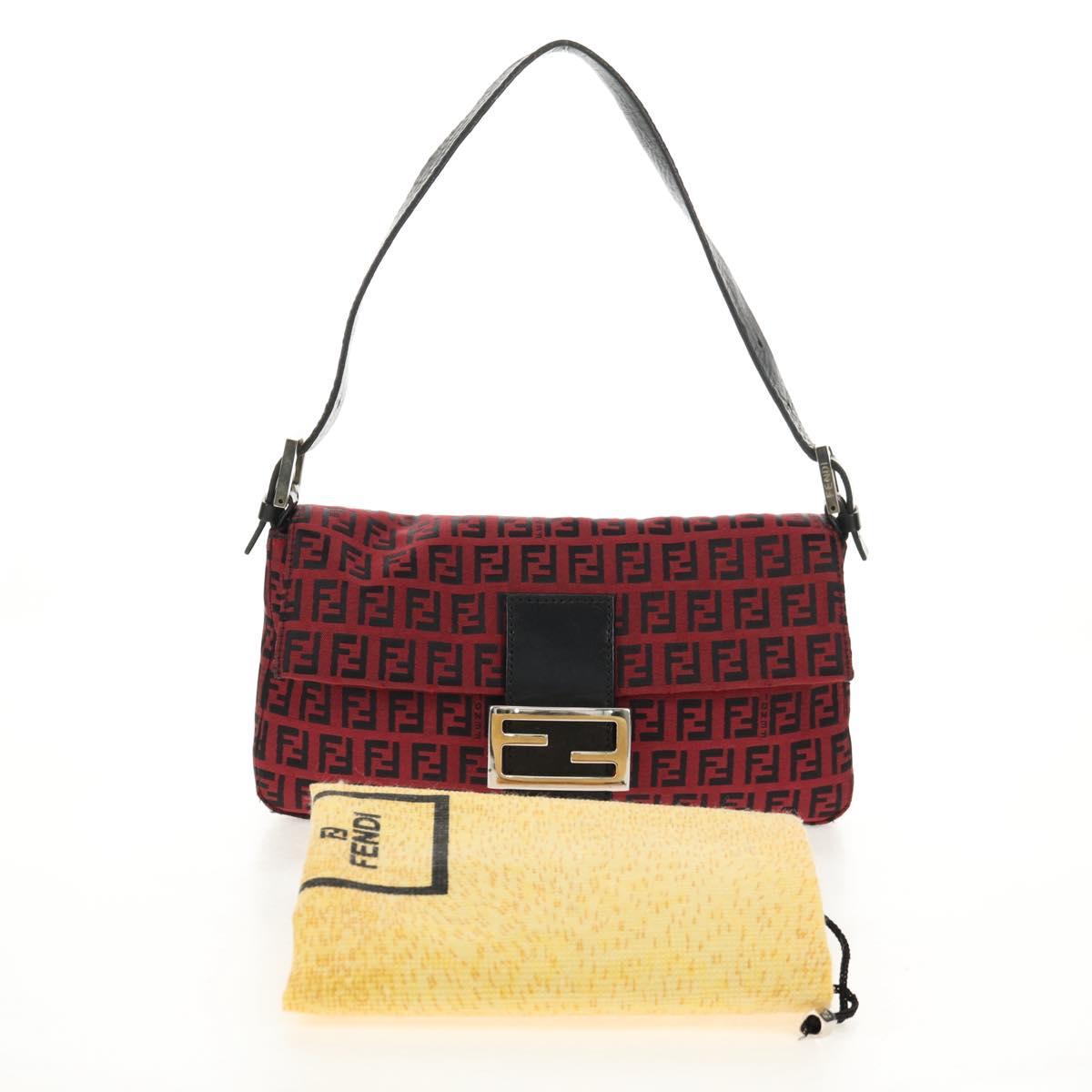 FENDI Zucchino Canvas Mamma Baguette Shoulder Bag Red Silver Auth 150613V