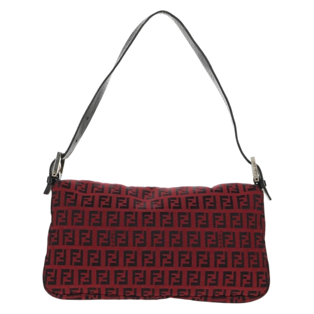 FENDI Zucchino Canvas Mamma Baguette Shoulder Bag Red Silver Auth 150613V