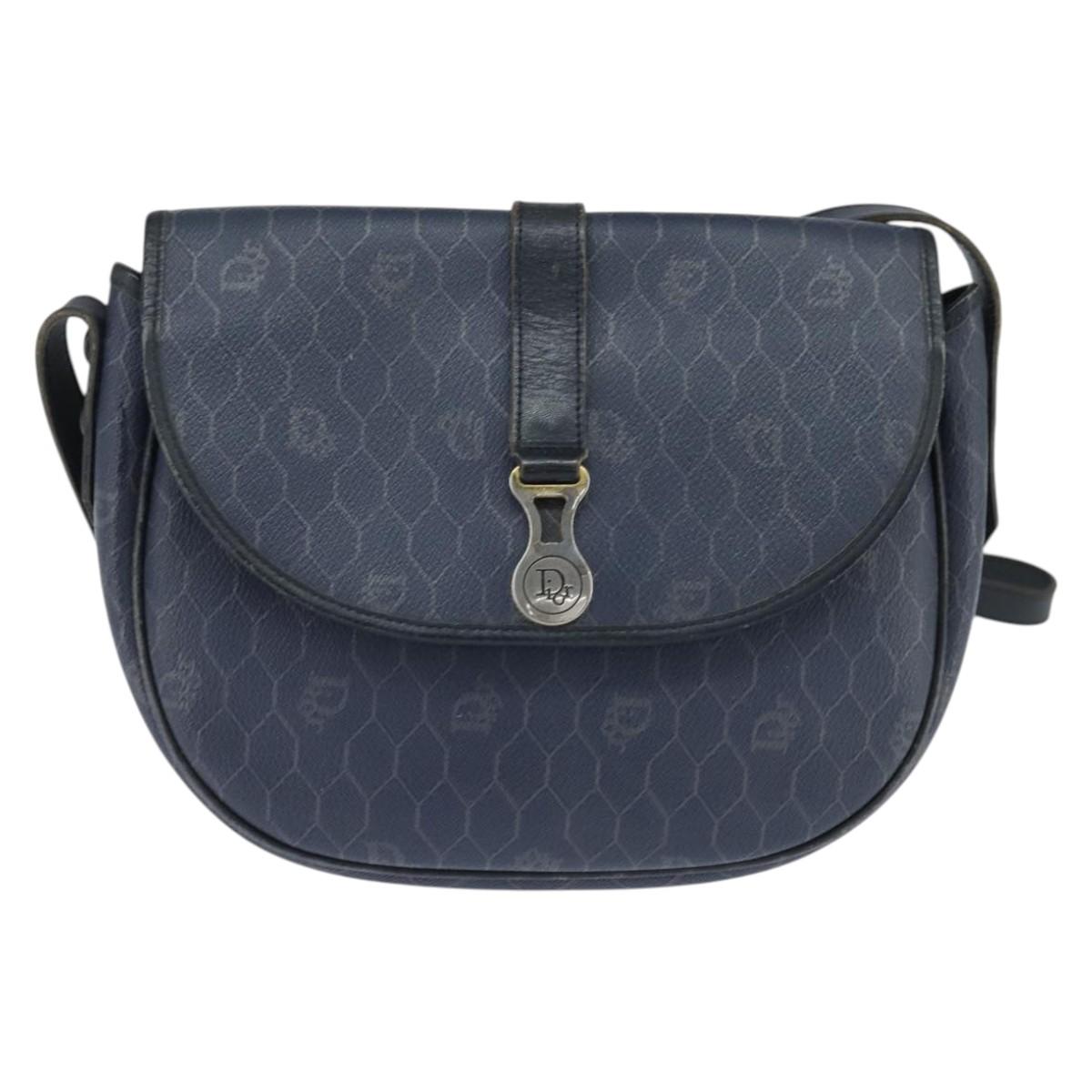 Christian Dior Honeycomb Canvas Shoulder Bag PVC Navy gold Auth 150747