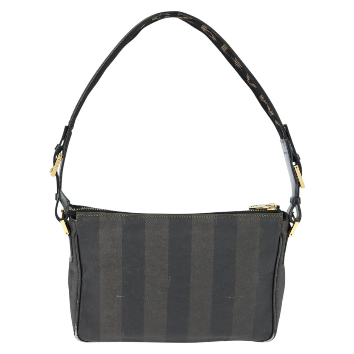 FENDI Pecan Canvas Shoulder Bag PVC Black Brown Auth 150756