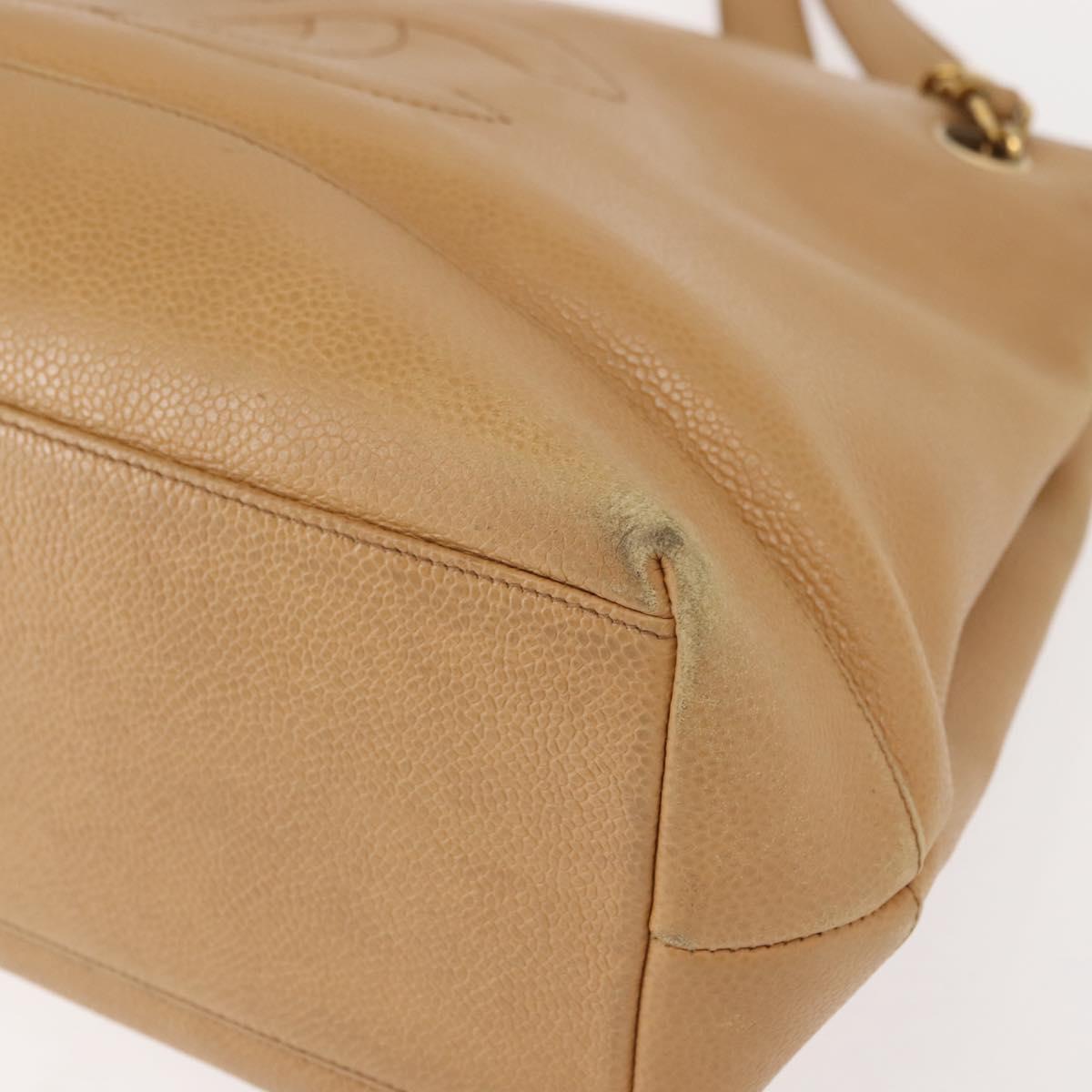 CHANEL Chain Shoulder Bag Caviar Skin Beige Gold CC Auth 150773