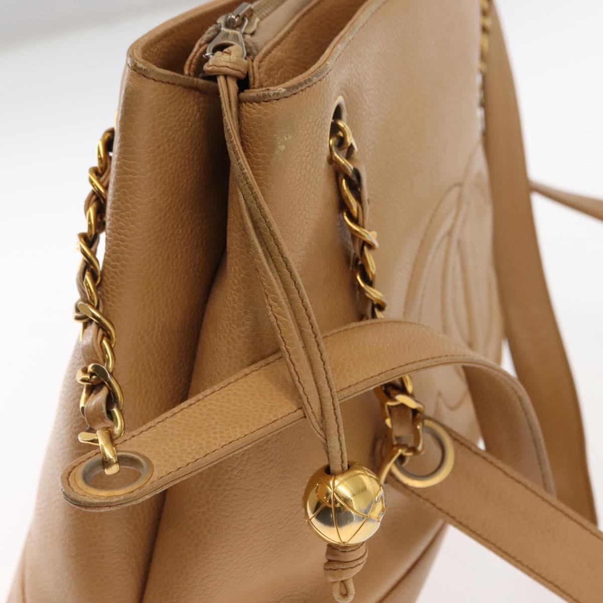 CHANEL Chain Shoulder Bag Caviar Skin Beige Gold CC Auth 150773
