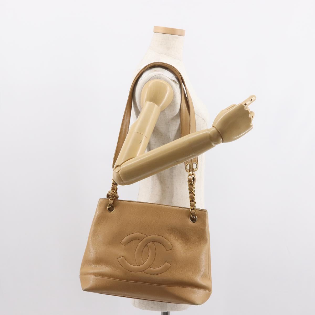 CHANEL Chain Shoulder Bag Caviar Skin Beige Gold CC Auth 150773